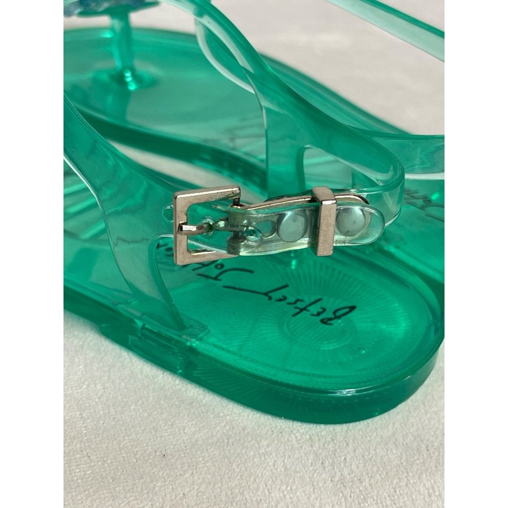 Betsey Johnson Size 7 Flip Flop Sandals Green Jelly Sarai Blue Flower Beach Pool - Picture 5 of 6